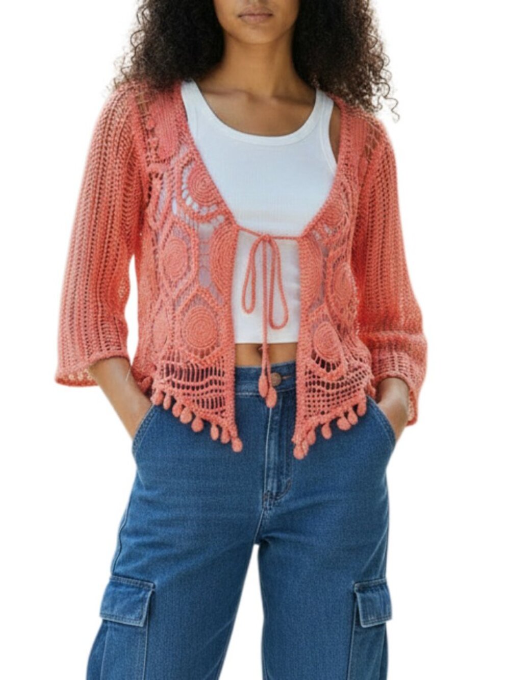 Fever Crochet Tie-Front Cotton Cover Top (M)